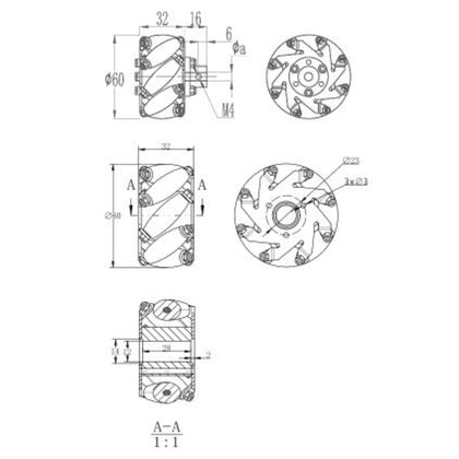 60mm Mecanum wheel Omnidirectional aluminium wheel For Motor Shaft 5mm (Black and silver)