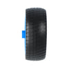 Side view showing width and tread of blue 65mm BO motor wheel