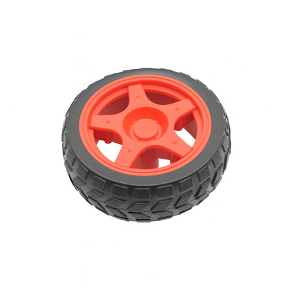 Front view of 65mm red TT BO motor robot wheel with rubber tire