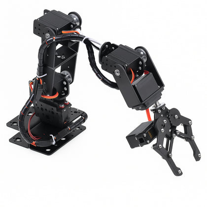 6DOF metal robotic arm kit with mechanical clamp — front view
