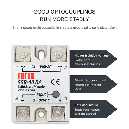 SSR-40DA Solid State Relay Module 3-32VDC/24-380VAC 40A