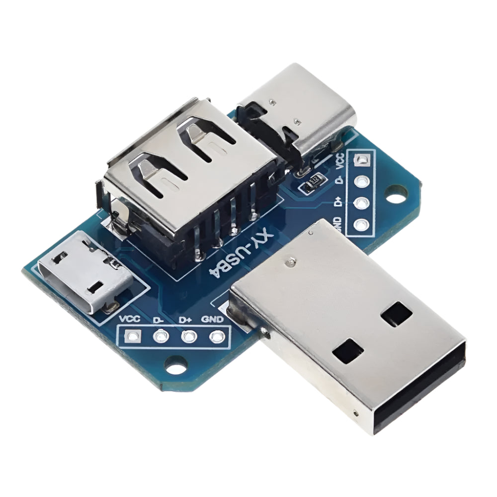 4-in-1 USB Adapter Board – Male to Female, Micro, Type-C