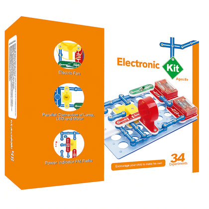 Model 34C Electronic Kit box showing fan, FM radio and parallel circuit projects
