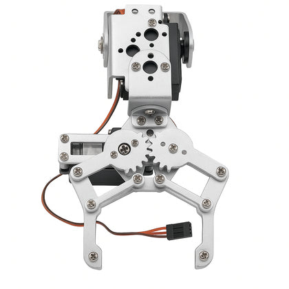 closeup of gripper of robot showing metal claw and servo motor