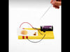 Storm Alert DIY Rain Alarm Kit – yellow base with copper strip sensors, dropper, buzzer, batteries, and wet napkin simulating rain detection system
