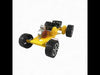 DIY 3-Speed Gearbox Mini Car Kit with yellow plastic chassis, black tires, visible red motor, and manually adjustable pulley system for STEM mechanical learning