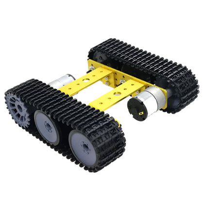 Side view showing rubber tracks and motor drive