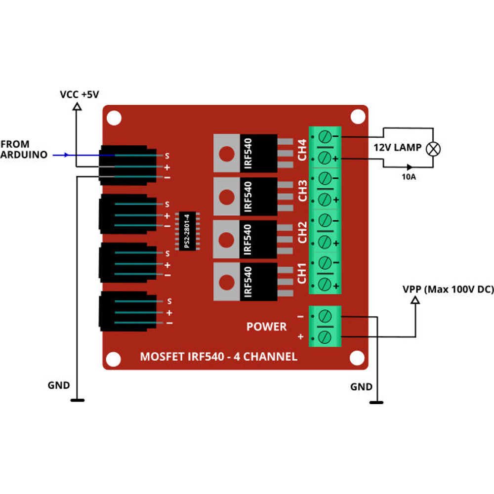 Four Channel 4 Route MOSFET Button IRF540 V2.0 + MOSFET Switch Module