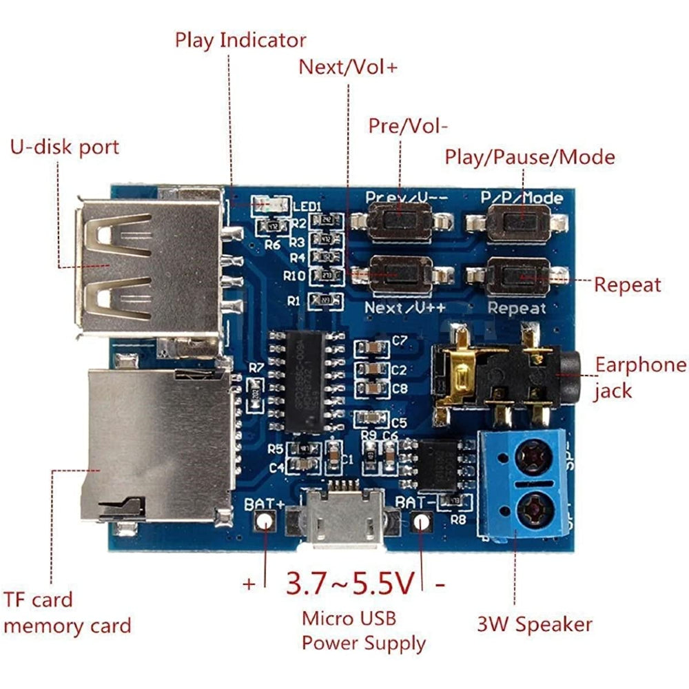 Mp3 Board Module Non-Destructive MP3 Decoder Board with TF Card & USB